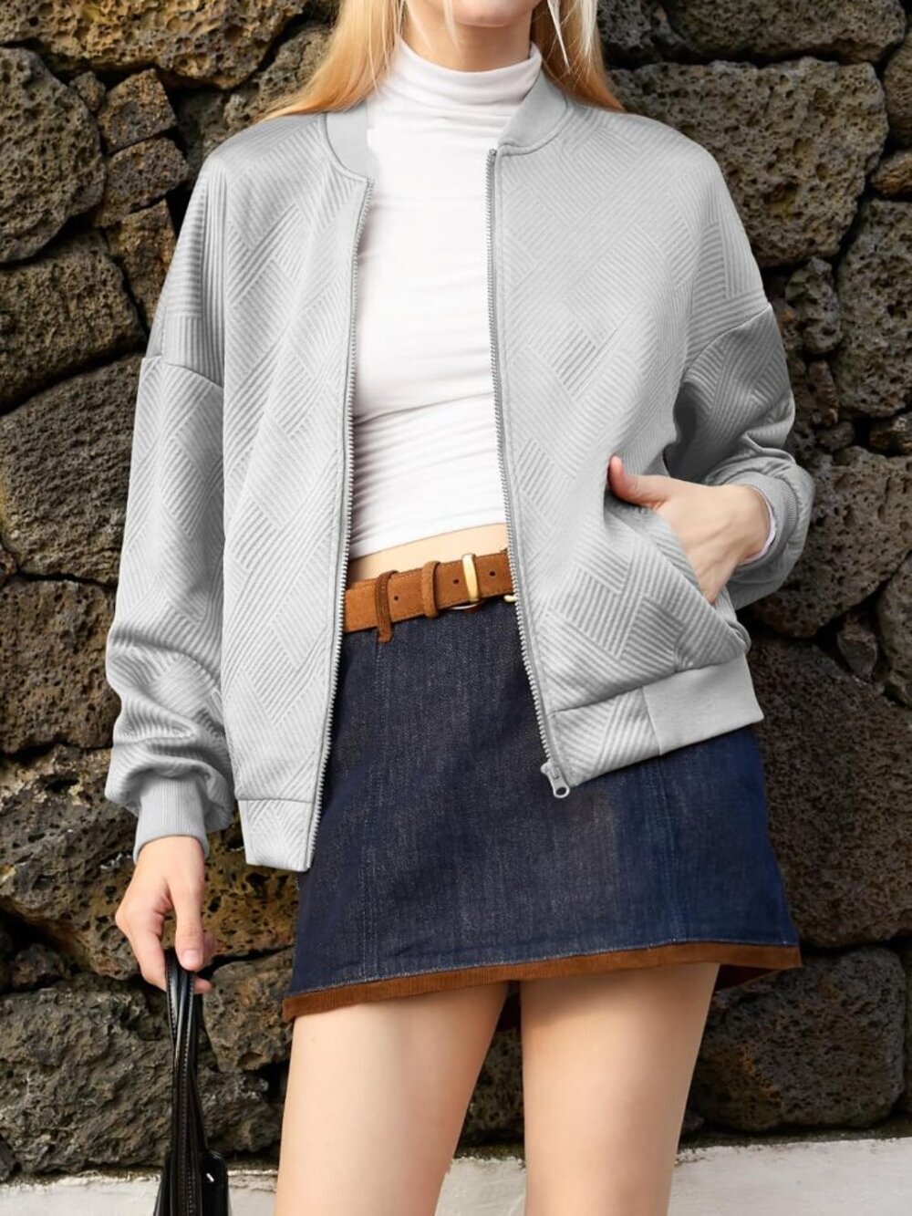 Women's Grey Bomber Jacket Trendy Casual Lightweight Zip Up Jacket with Pockets - Picture 4 of 6